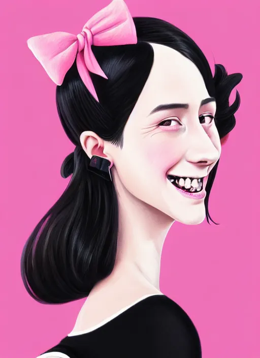 Image similar to portrait of high school girl, realistic, black hair, bangs, half updo hairstyle, pointy nose, skinny, smile, ugly, defined jawline, big chin, pink hair bow, earrings, intricate, elegant, glowing lights, highly detailed, digital painting, artstation, sharp focus, illustration, art by wlop, mars ravelo and greg rutkowski