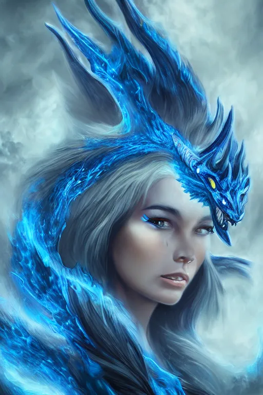 Image similar to blue flame Dragon princess, digital art, 8k ,character ,realistic, portrait, hyperrealistic