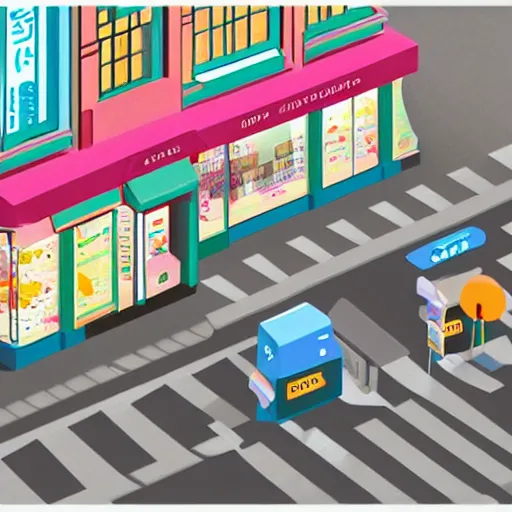 Prompt: isometric view of a drugstore on a street corner by Chiho Aoshima