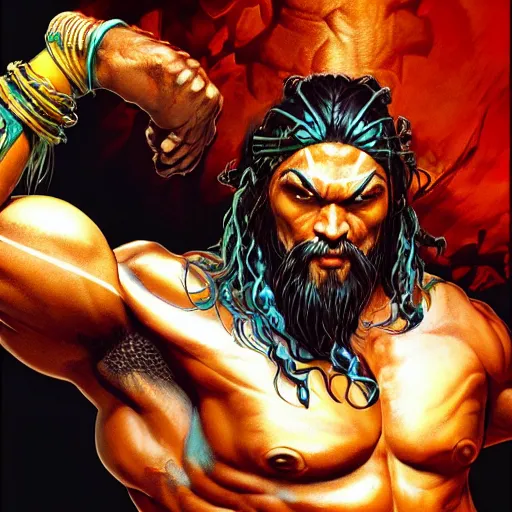 Image similar to jason momoa as dhalsim street fighter, ultra realistic, concept art, intricate details, highly detailed, photorealistic, octane render, 8 k, unreal engine, art by frank frazetta, simon bisley, brom