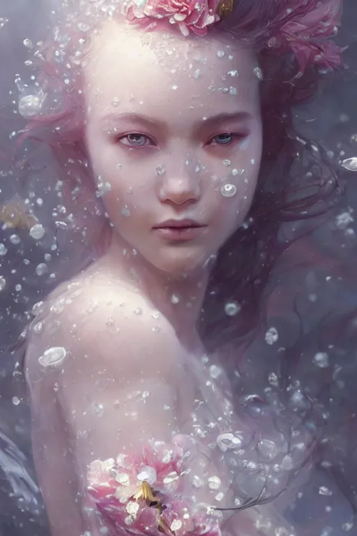 Image similar to face closeup a young beautiful girl drowned in water exploding into flowers, wearing crystal white feathers, 3 d render, hyper realistic detailed portrait, holding magic flowers, ruan jia, wlop. scifi, fantasy, hyper detailed, octane render, concept art, by peter mohrbacher, by wlop, by ruan jia