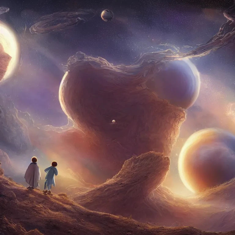 Image similar to a beautiful painting about of the story follows a single young prince who visits various planets in space, including earth, and addresses themes of loneliness, friendship, love, and loss, 8 k resolution, hdr, highly detailed