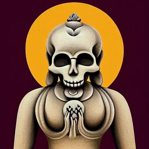 Image similar to yogi sitting in the lotus position in meditation and out of the body holds a skull in his left hand and holds a planet in his right