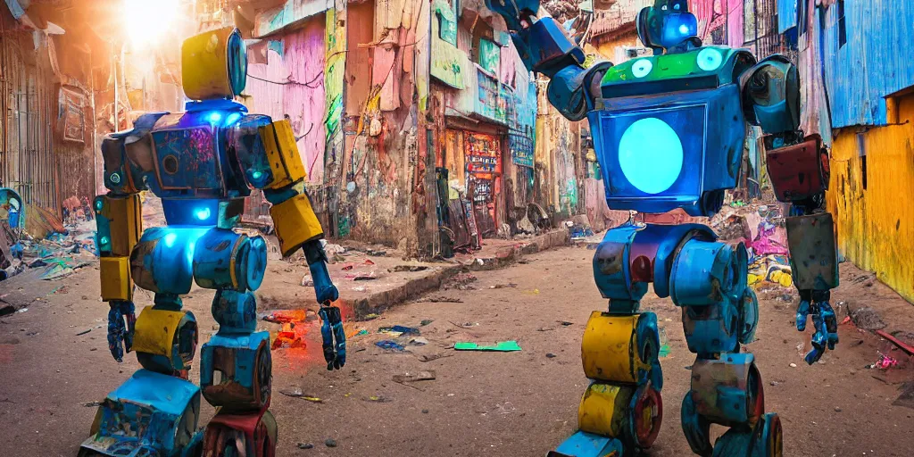 Image similar to colourful - damaged - giant mecha ROBOT of neon lit AJEGUNLE SLUMS of Lagos, markings on robot, Golden Hour,