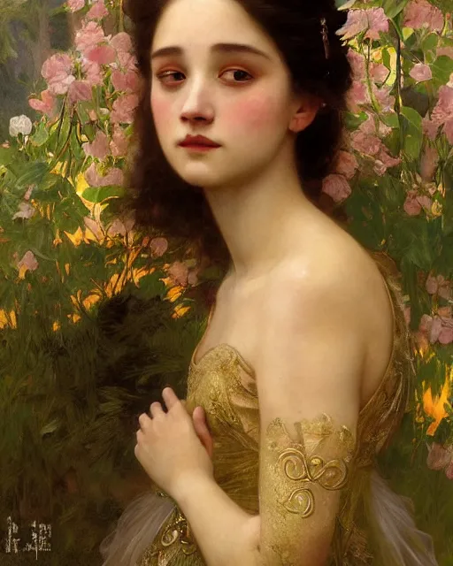 Image similar to a portrait painting of a shy, blushing 1 6 - year old princess resembling alicia vikander in a tiara and an iridescent art nouveau gown watching the lantern festival, intricate, elegant, highly detailed, artstation, concept art, by krenz cushart and artem demura and william adolph bouguereau and alphonse mucha