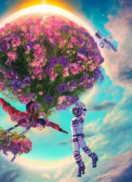 Image similar to An epic fantastic realism comic book style painting of the most beautiful flowers launched into space, bouquets, solar eclipse, fisheye, unreal 5, DAZ, hyperrealistic, octane render, dynamic lighting