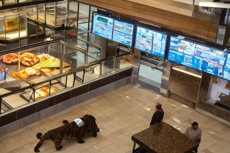 Image similar to overhead view, surveillance, a large adult tiger walking around inside of an empty fast food restaurant lobby