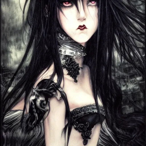 Prompt: a portrait of a character, black hair, dark eyes, dark, gothic, by Ayami Kojima, trending on pixv