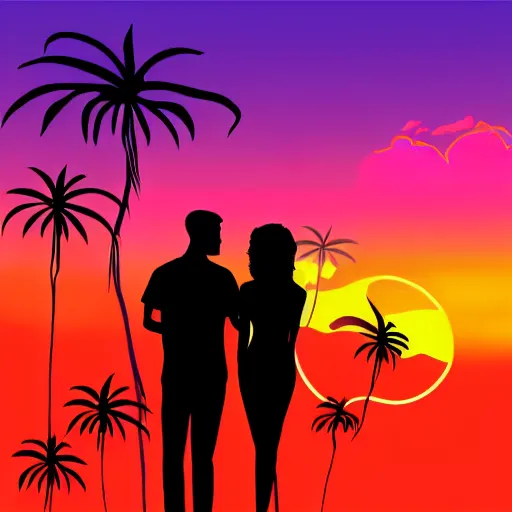 Image similar to a synthwave sunset with a man and woman staring at the sunset