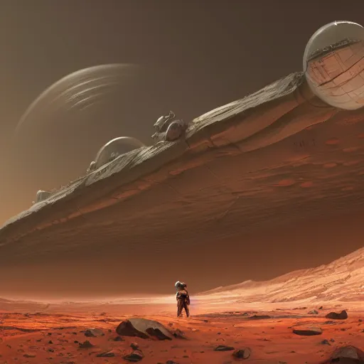 Prompt: Detailed spaceship on the surface of Mars by Jessica Rossier, digital art, trending on ArtStation