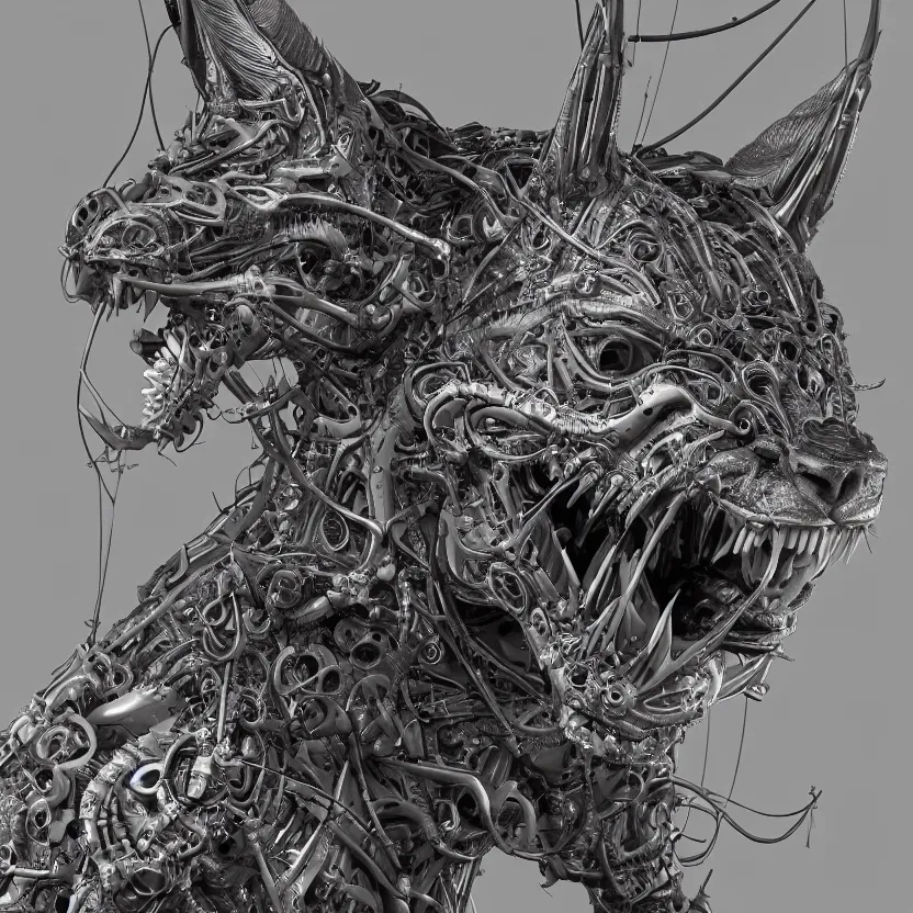 Prompt: detailed realistic 3 dcsulpture portrait artwork of a biomechanical lynx by subjekt zero, clogtwo and ben ridgway. colored centered uncut. scifi enviroment. slightly lowbrow. influenced by andrei riabovitchev and igor goryunov. artwork by subject zero
