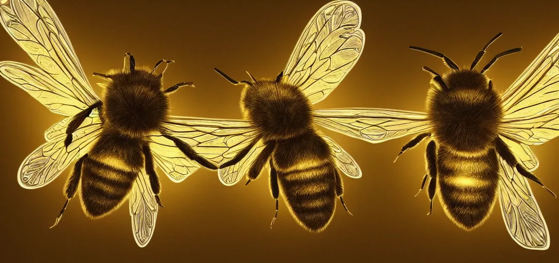 Image similar to An epic, ornate, highly detailed painting of a bee with back-lit translucent glowing angels wings, rim light, volumetric lighting, octane render, 8k