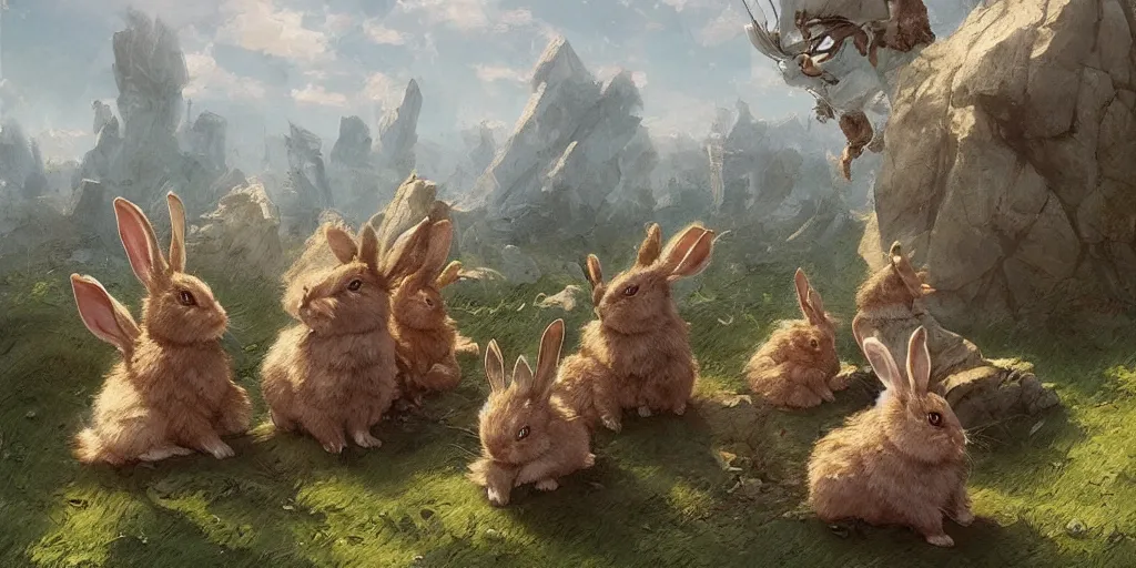 Prompt: a bunch of cute rabbit, clear skies, marc simonetti and caspar david friedrich, trending on artstation