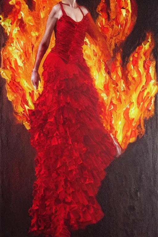 Image similar to oil painting of spanish flamenco dancer wearing a red dress made of flowers engulfed in flames, she's standing waist deep in water, dimly lit, looking away, dark shadows, ethereal, foggy, moody, surreal