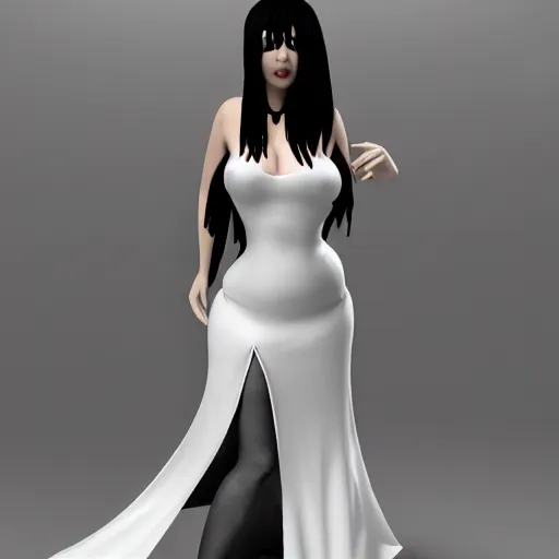 Image similar to curvy feminine hot goth cutie in a sublime elegant polished sequined white latex neck-high or tube-top floor length gown with purple accents, thin waist, cgsociety, photorealistic, comfy ambience, idealistic, 16k, smooth, sharp focus, trending on ArtStation, volumetric lighting, fully clothed, worksafe