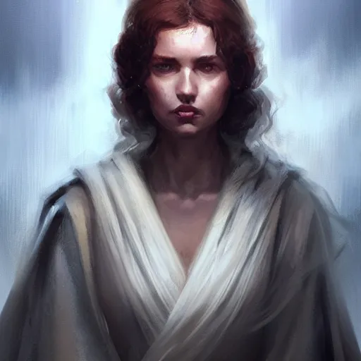 Image similar to portrait of a woman by greg rutkowski, jedi princess knight, curly redhead, jedi robes, star wars expanded universe, she is about 2 0 years old, elegant, graceful, wearing jedi robes, highly detailed portrait, digital painting, artstation, concept art, smooth, sharp foccus ilustration, artstation hq