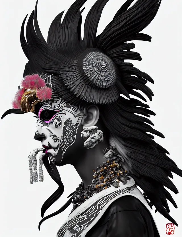 Image similar to 3 d goddess close - up profile portrait punk with mohawk with ram skull. beautiful intricately detailed japanese crow kitsune mask and clasical japanese kimono. betta fish, jellyfish phoenix, bio luminescent, plasma, ice, water, wind, creature, artwork by tooth wu and wlop and beeple and greg rutkowski