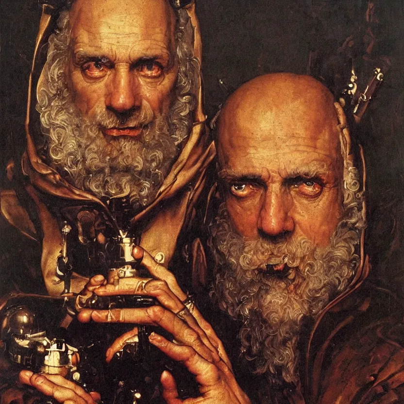 Prompt: a baroque neoclassicist close - up portrait of a techno wizard priest in a large cathedral. renaissance portrait painting. highly detailed science fiction painting by norman rockwell, frank frazetta, and syd mead. rich colors, high contrast, gloomy atmosphere, dark background. trending on artstation