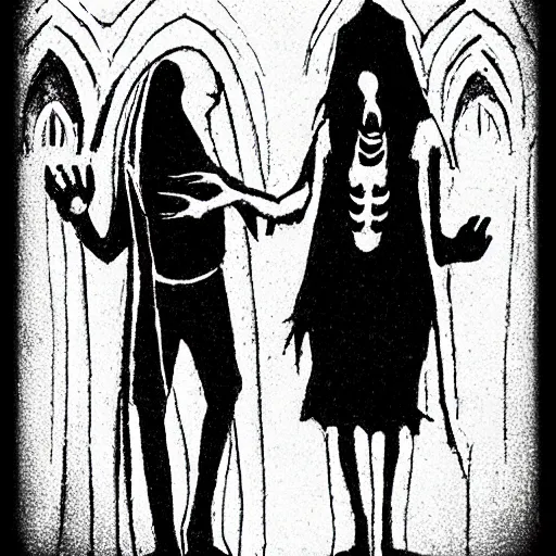 Image similar to “ sandman and his sister death in a ghotic chatedral ”