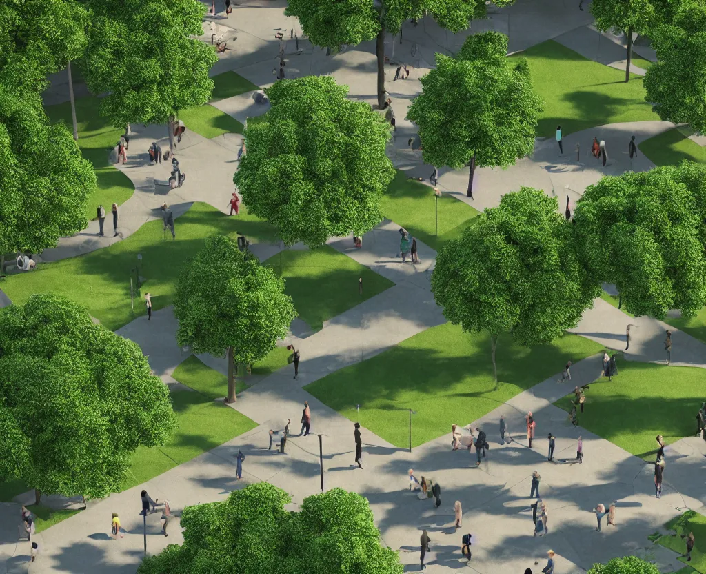 Image similar to city park, people and dogs, isometric view, octane 3d, light filtering through the trees, ray tracing, volumetric lighting