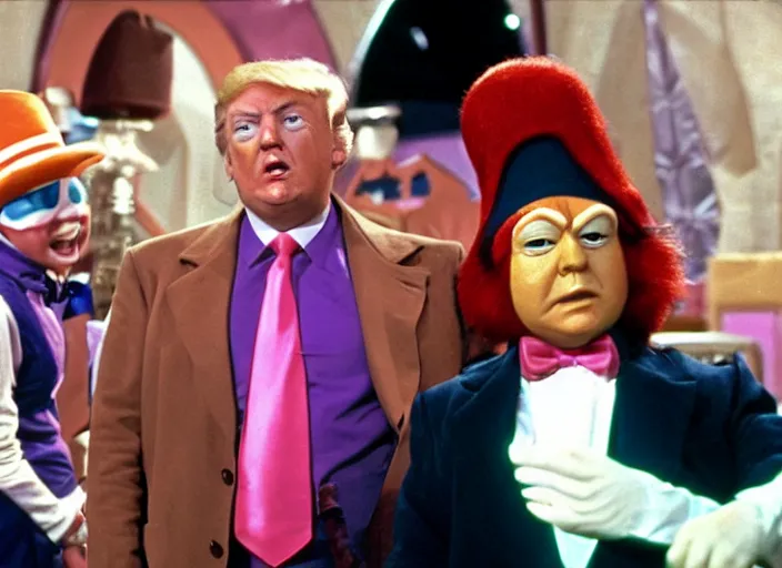 Image similar to film still of Donald Trump as a oompa loompa in Willy Wonka's and the Chocolate Factory 1971