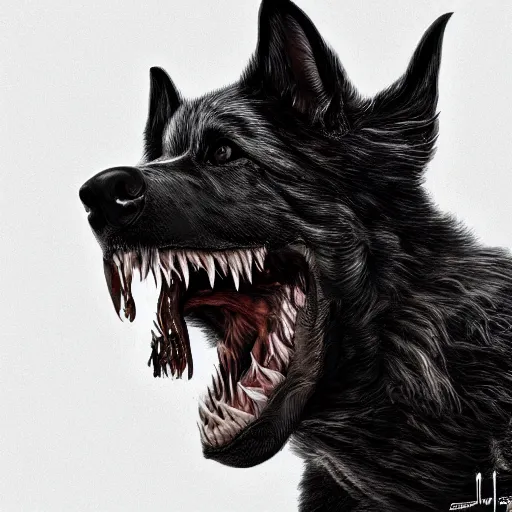 Image similar to venom dog version, ultra realistic, highly detailed, photorealism, scary, intricate detail, high res, textures, extremes, dark, twisted, black, wiry, superhero, antihero, powerful, teeth, licking tongue, dog, hair, german shepard trending on artstation