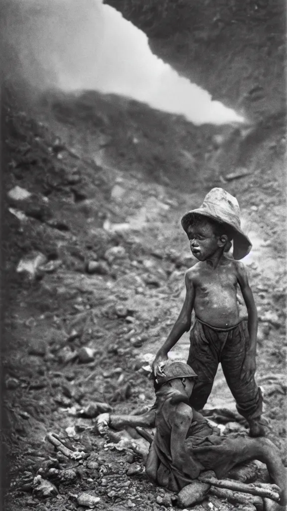 Prompt: a tipple boy, by sebastiao salgado, photography, tones of black, 4 k, at turkey knob mine in macdonald, west virginia, 1 9 0 8