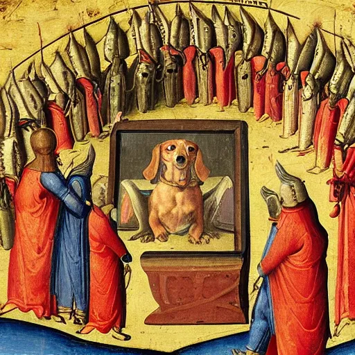 Image similar to medieval painting of the depths of hell see in the opened mouth of a gigantic dachshund,