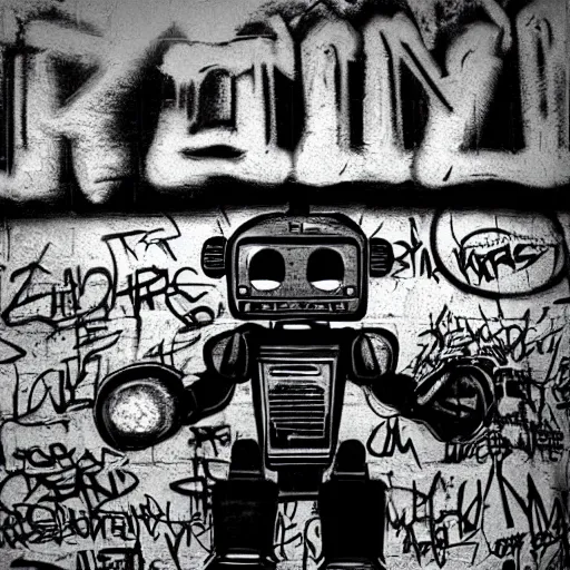 Prompt: chappie robot graffiti, black and white zef design graffiti on the wall, dark lighting, digital art