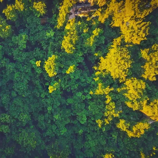Prompt: Luscious jungle growing over an abandoned city with many skyscrapers, drone photography, 8k, shot at golden hour, top post of all time on /r/EarthPorn subreddit