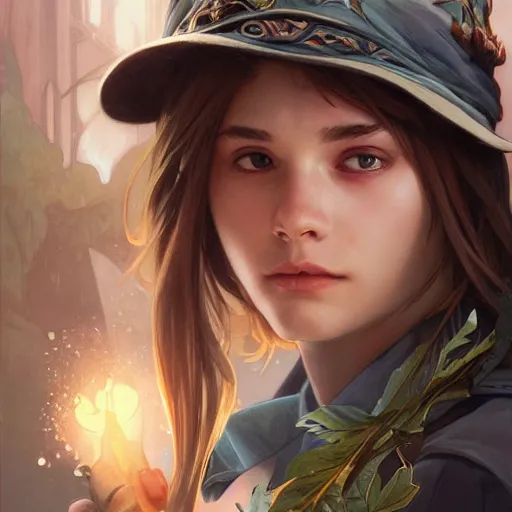 Prompt: a photorealistic wizard teenager wearing a wizard cap, sharp focus, illustration, art by artgerm and greg rutkowski and alphonse mucha