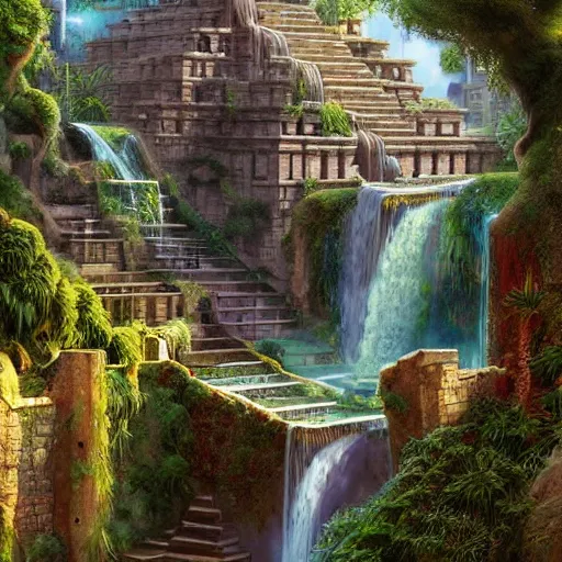 Prompt: The hanging gardens of Babylon, Warm sunlight shines down upon the temple, hyper-realistic waterfalls nest between the steps of the temple, flowing down the rest of the structure, Beautiful Lush gardens, vibrant colors, Concept art, fantasy illustration, detailed painting, and deep color