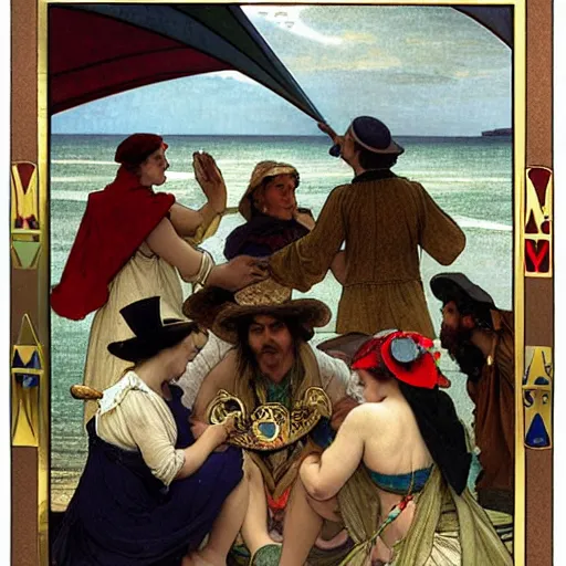 Image similar to People with jester hats and clothes forming a circle on the front of a Balustrade with a beach and a sail boat on the background, major arcana cards, by paul delaroche, alphonse mucha and arnold böcklin arnold böcklin hyperrealistic 8k, very detailed