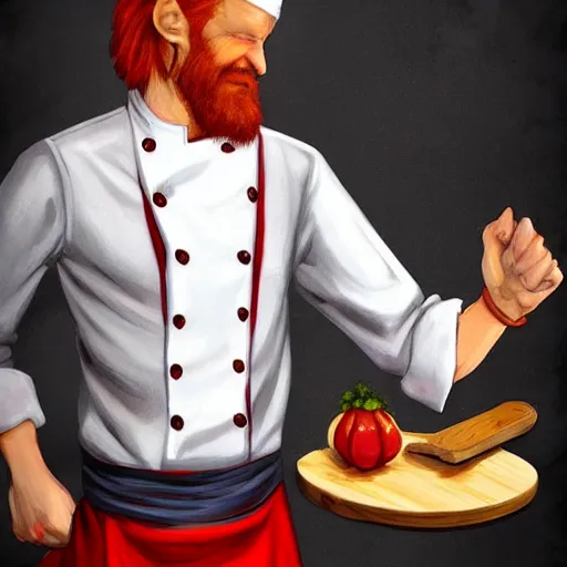 Prompt: red headed man wearing a white chef's apron, dungeons and dragons character art, trending on artstation
