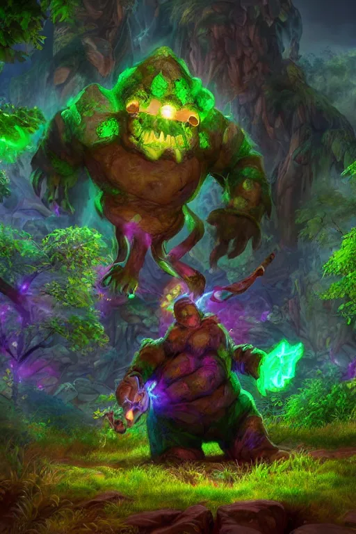 Image similar to arcane fantasy art giant golem elemental wood rock bastion forged gemstone enchanted forest troll, global illumination ray tracing hdr fanart arstation by sung choi and eric pfeiffer and gabriel garza and casper konefal lisa frank zbrush central hardmesh radiating a glowing aura