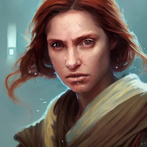 Prompt: portrait of a woman by greg rutkowski, jedi knight jade skywalker, wavy copper hair, jedi robes, star wars expanded universe, she is about 2 0 years old, wearing jedi robes, highly detailed portrait, digital painting, artstation, concept art, smooth, sharp foccus ilustration, artstation hq