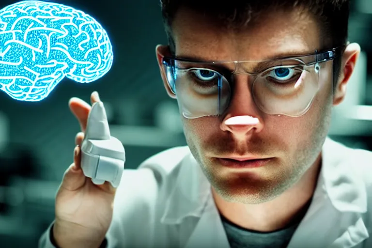 Prompt: vfx film closeup, man in laboratory copying his brain into digital ai glass brain, eeg wired futuristic advanced technology, flat color profile low - key lighting award winning photography arri alexa cinematography, hyper real photorealistic cinematic beautiful natural skin, famous face, atmospheric cool colorgrade