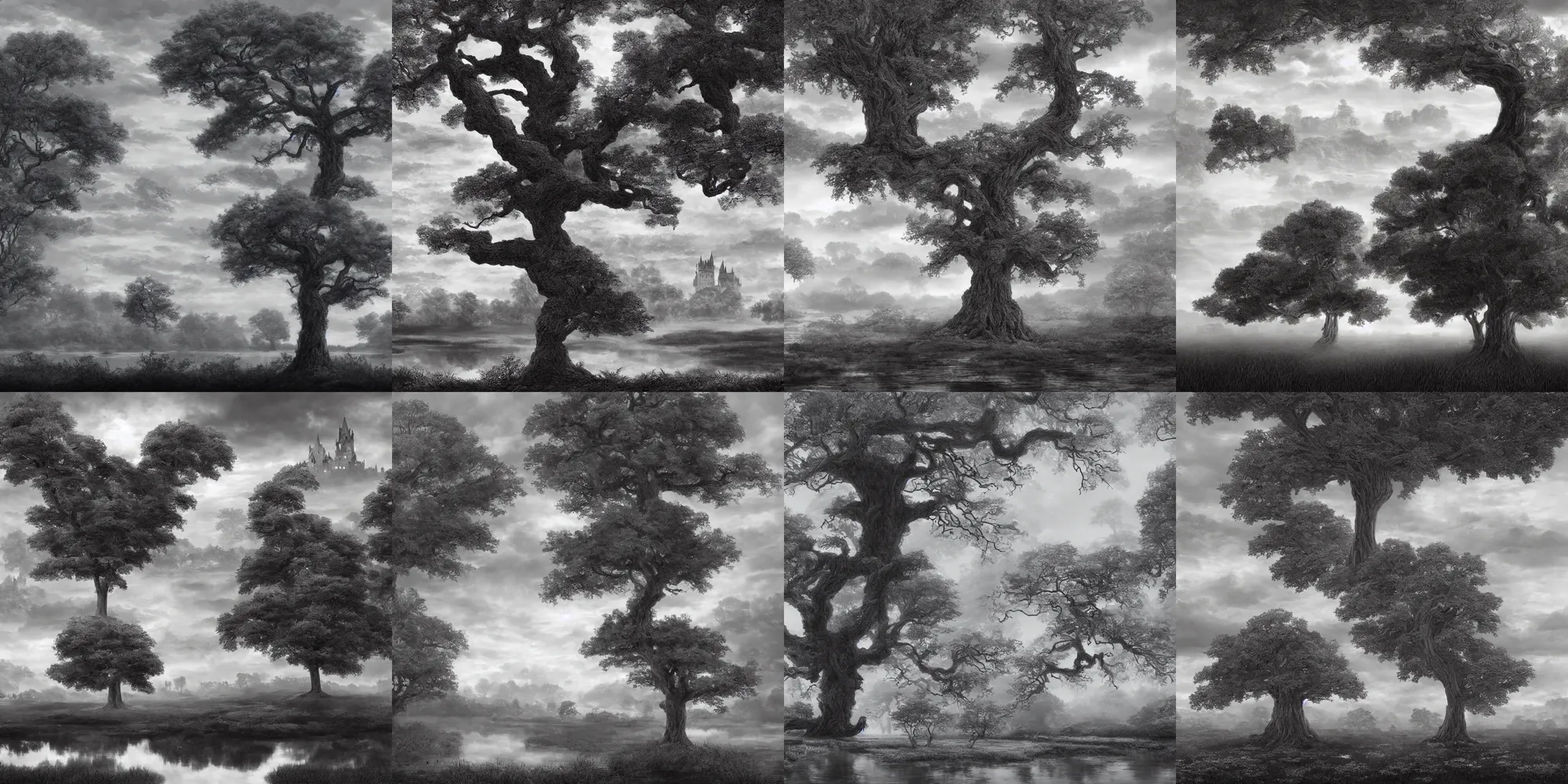 Prompt: a tree near a pond, a castle and mist and swirly clouds in the background, fantastic landscape, hyperrealism, no blur, 4k resolution, ultra detailed, art by James Jean and Wayne Barlowe and moebius, black and white ink, high details , cinematic, cgsociety 8k