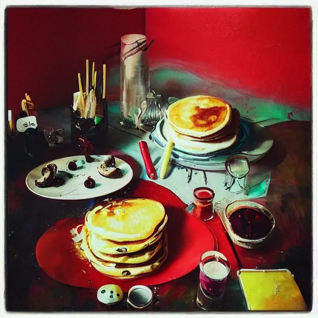 Image similar to “ sensual, neo - expressionism, surrealism, a portrait in a female art student ’ s apartment, pancakes, mushrooms,, art supplies, a candle dripping white wax, berry juice drips, acrylic and spray paint and oilstick on canvas ”