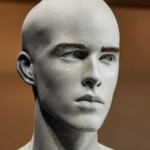 Image similar to “ a realistic detailed photo of a guy who is an attractive humanoid who is half robot and half humanoid, who is a male android, actor liam hemsworth, shiny skin, posing like a statue, blank stare, at the museum, on display ”