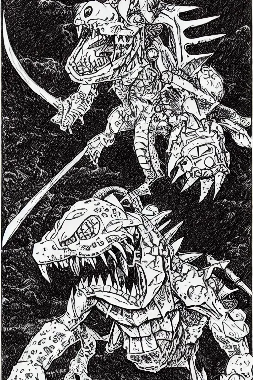 Prompt: agumon the digimon as a d & d monster, pen - and - ink illustration, etching, by russ nicholson, david a trampier, larry elmore, 1 9 8 1, hq scan, intricate details, high contrast