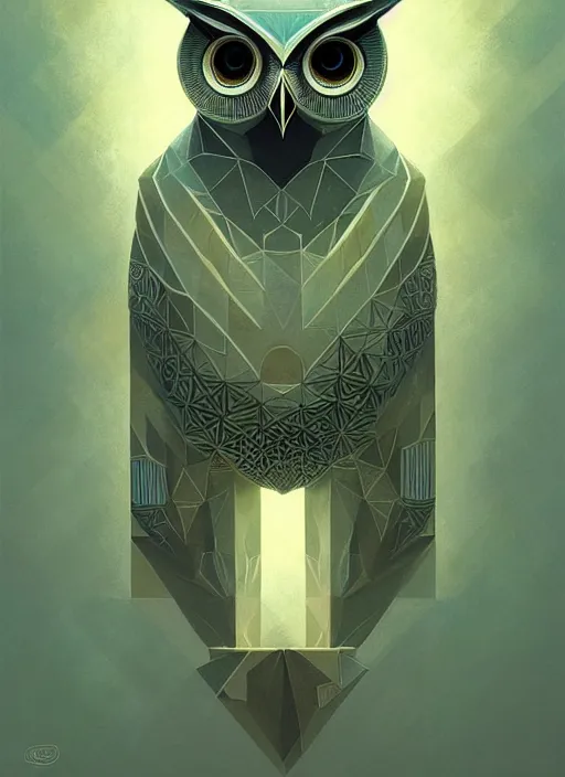 Image similar to portrait of a geometric owl, identical eyes, medium shot, illustration, full body made of white feathers, symmetrical, art stand, super detailed, cinematic lighting, and its detailed and intricate, gorgeous, by peter mohrbacher