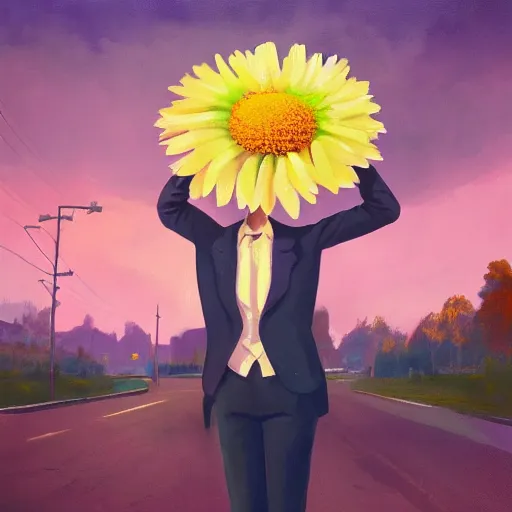 Image similar to giant daisy flower head, frontal, girl in a suit standing on street, surreal photography, sunrise, dramatic light, impressionist painting, digital painting, artstation, simon stalenhag