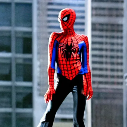 Prompt: Zendaya wearing Spiderman costume in American Psycho (1999)