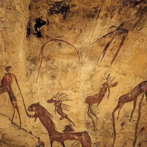 Prompt: ancient cave painting resembling modern stuff, detailed, cinematic composition, smooth, realistic