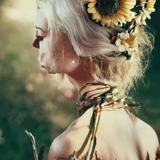 Image similar to vintage photograph of an olive skinned blonde female model in her twenties, her hair pinned up with flowers, wearing a designer top, looking content, focused on her neck, photo realistic, extreme detail skin, natural beauty, no filter, slr, golden hour, 8 k, high definition, selfie