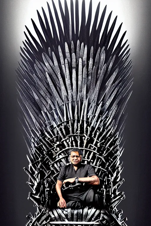 Prompt: Ranil Wickramasinghe sitting on the iron throne, digital art, dark color scheme