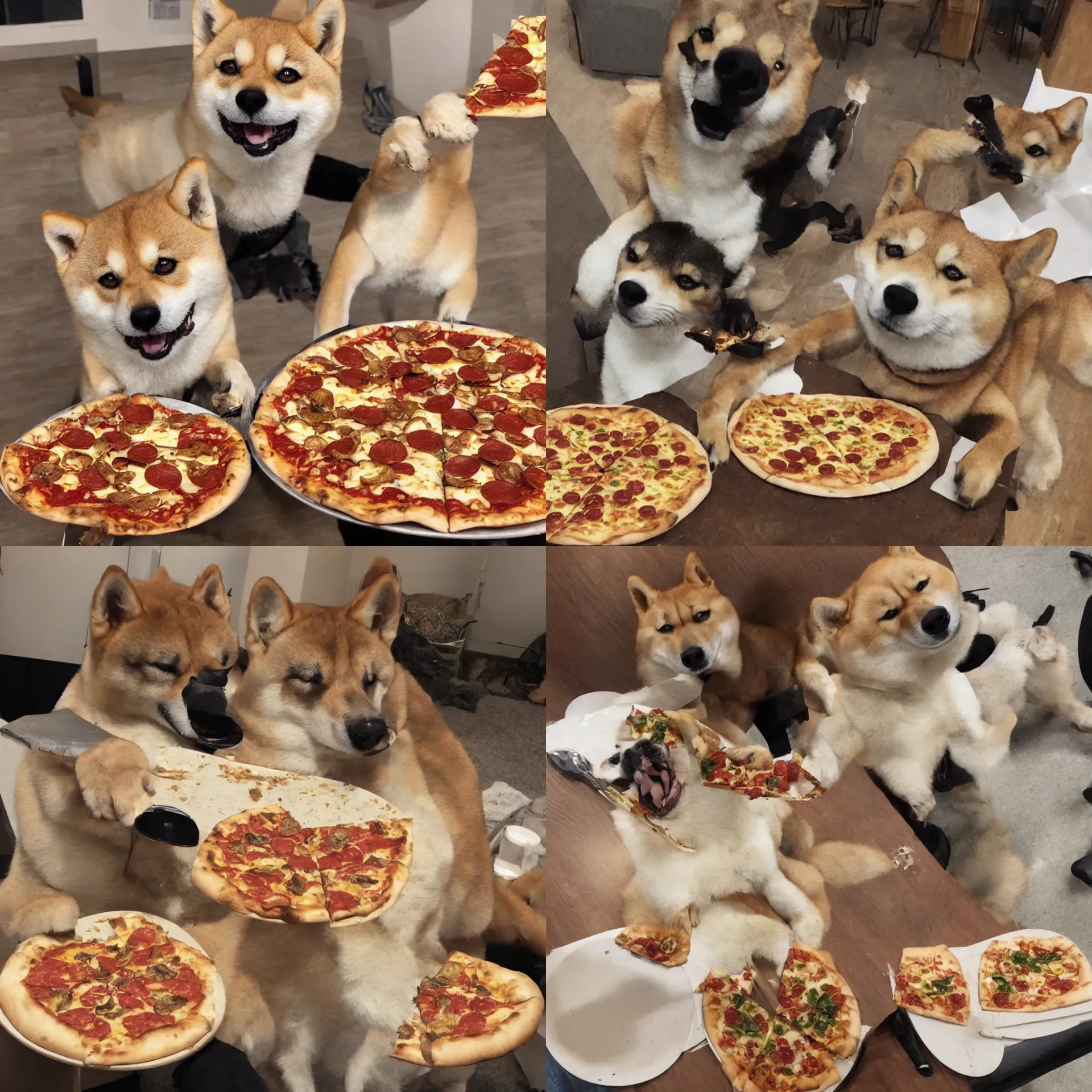 Prompt: a photo of a singular shiba inu eating pizza, photorealistic, realistic