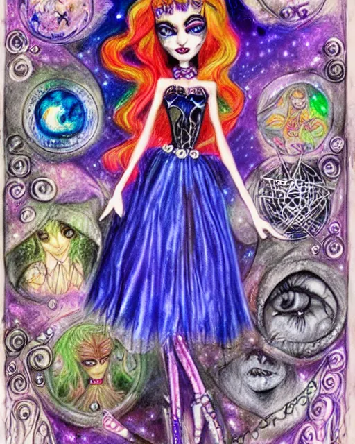 Image similar to josephine wall watercolor pencil drawing of a monster high doll fullmoon, stars, sigils and doodles around her