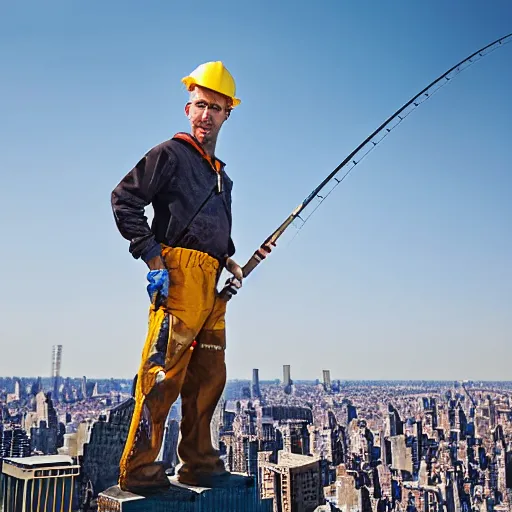 Prompt: closeup portrait of a construction worker with a fishing rod sitting on a metal beam high over new york city, photography, national geographic